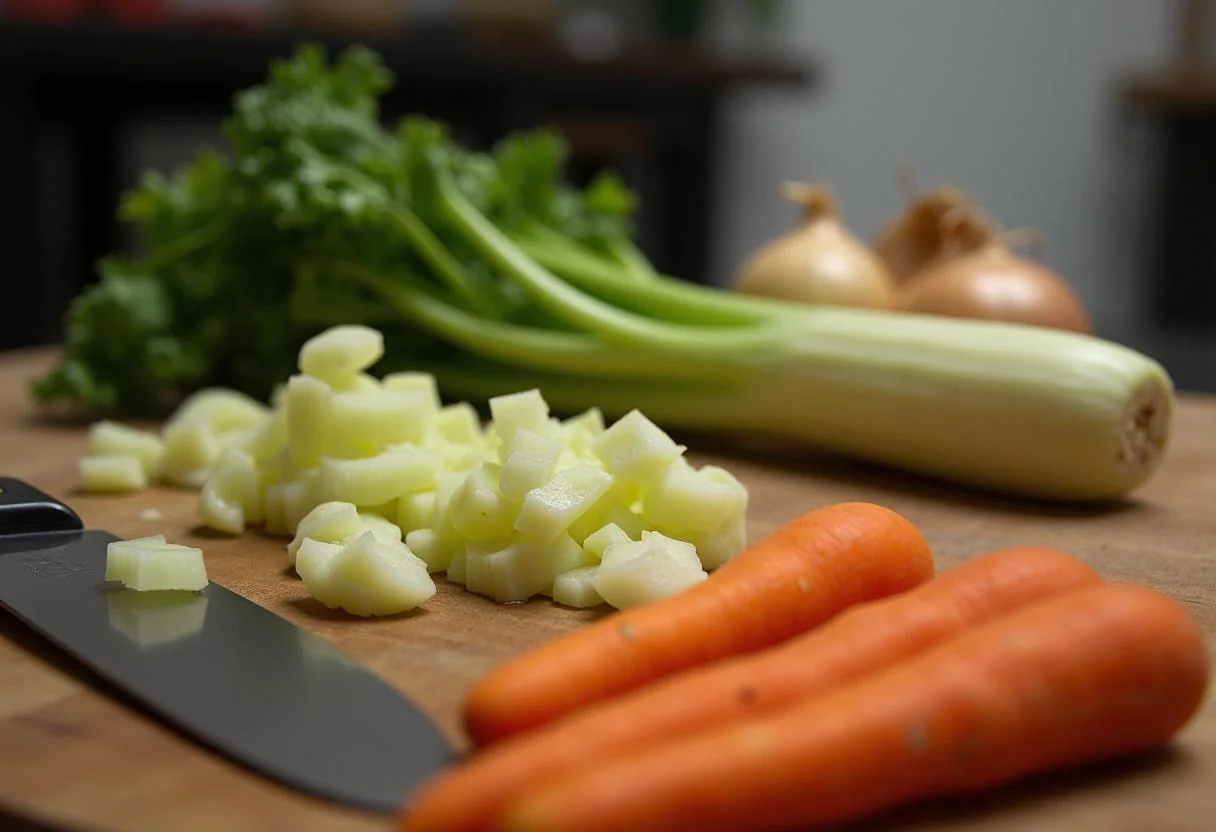 Celeri rave frais sur une planche à découper avec des légumes, préparation de la soupe au céleri rave.