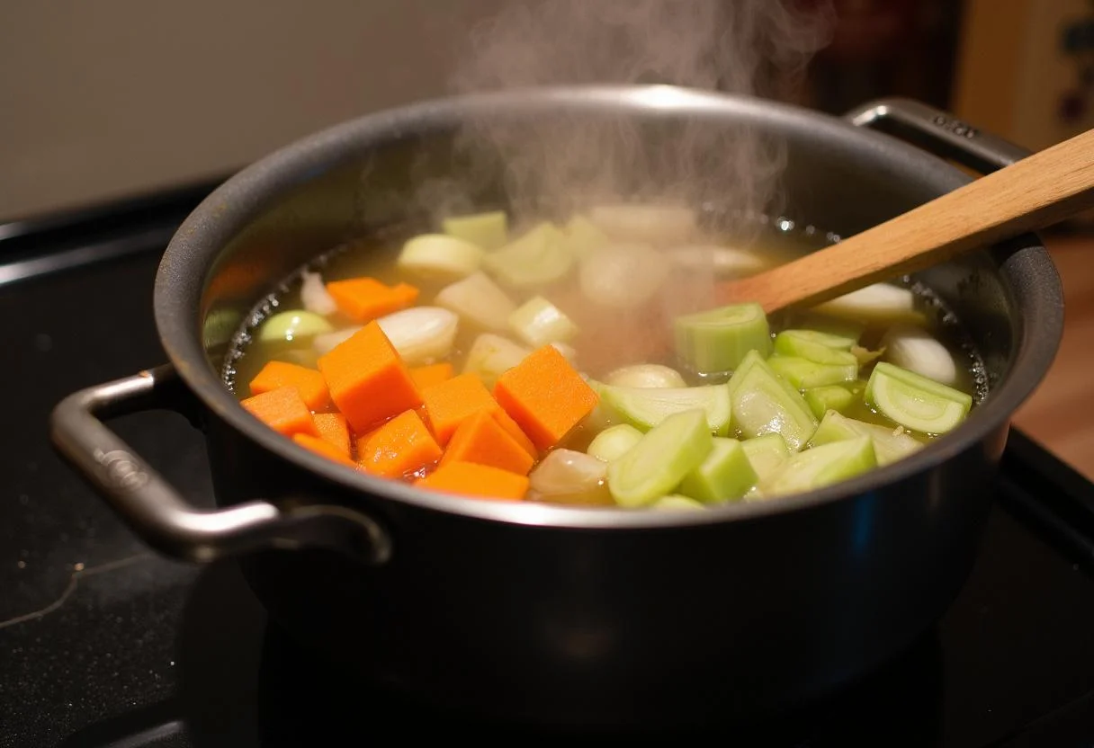 Mijotage du céleri rave, des carottes et des oignons dans une grande casserole pour la soupe celeri rave.