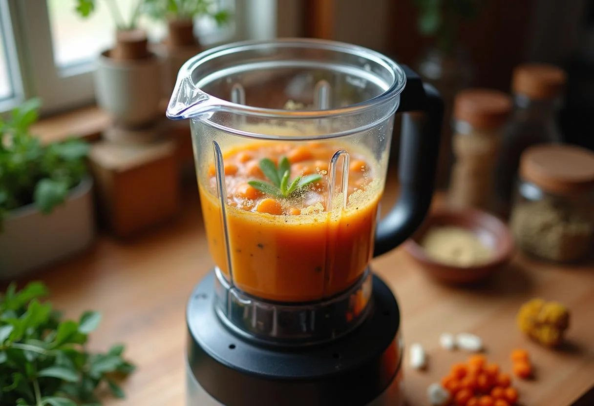 Mixage de la soupe celeri rave dans un mixeur pour obtenir une texture onctueuse.