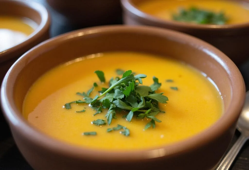 Soupe maison aux pois chiches servie dans des bols, joliment garnie de persil frais et d'huile d'olive, parfaite pour une recette réconfortante.