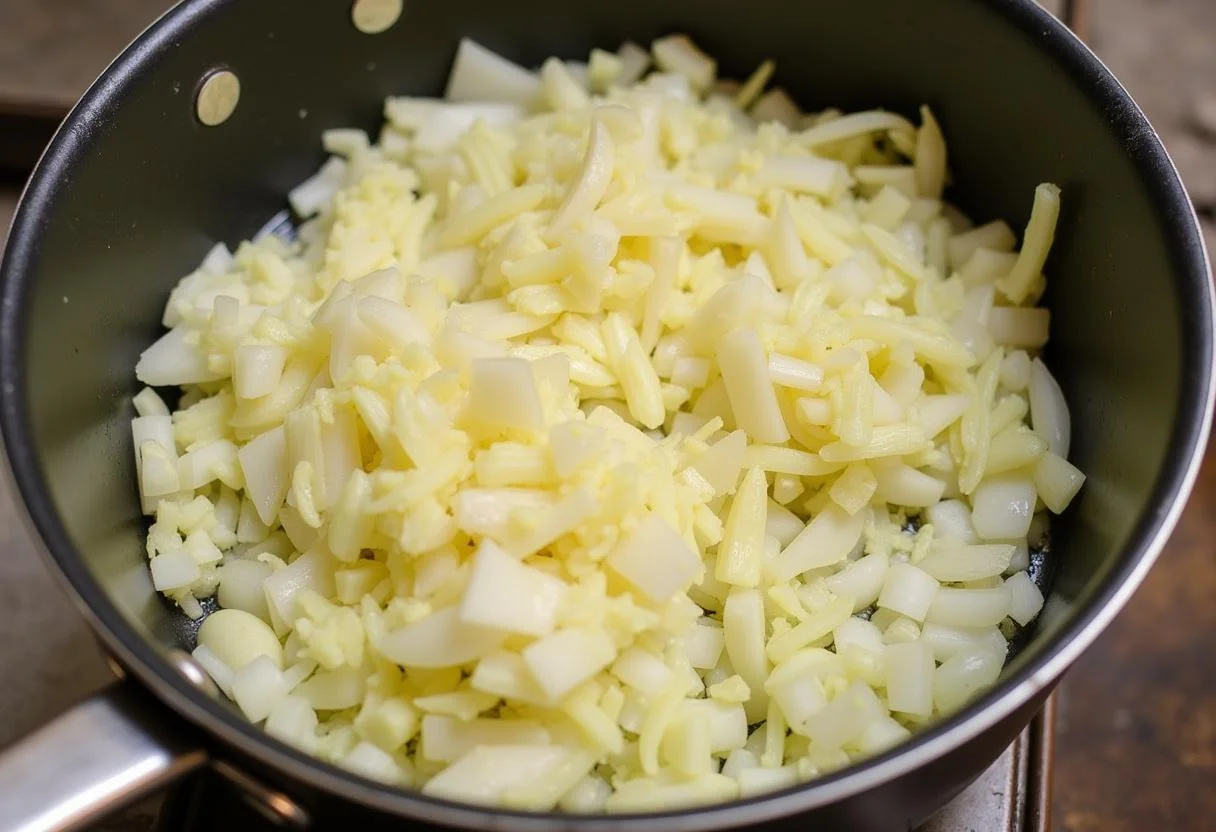 Préparation de base pour une recette de soupe de pois chiche avec de l'huile d'olive, des oignons et de l'ail dans une casserole.