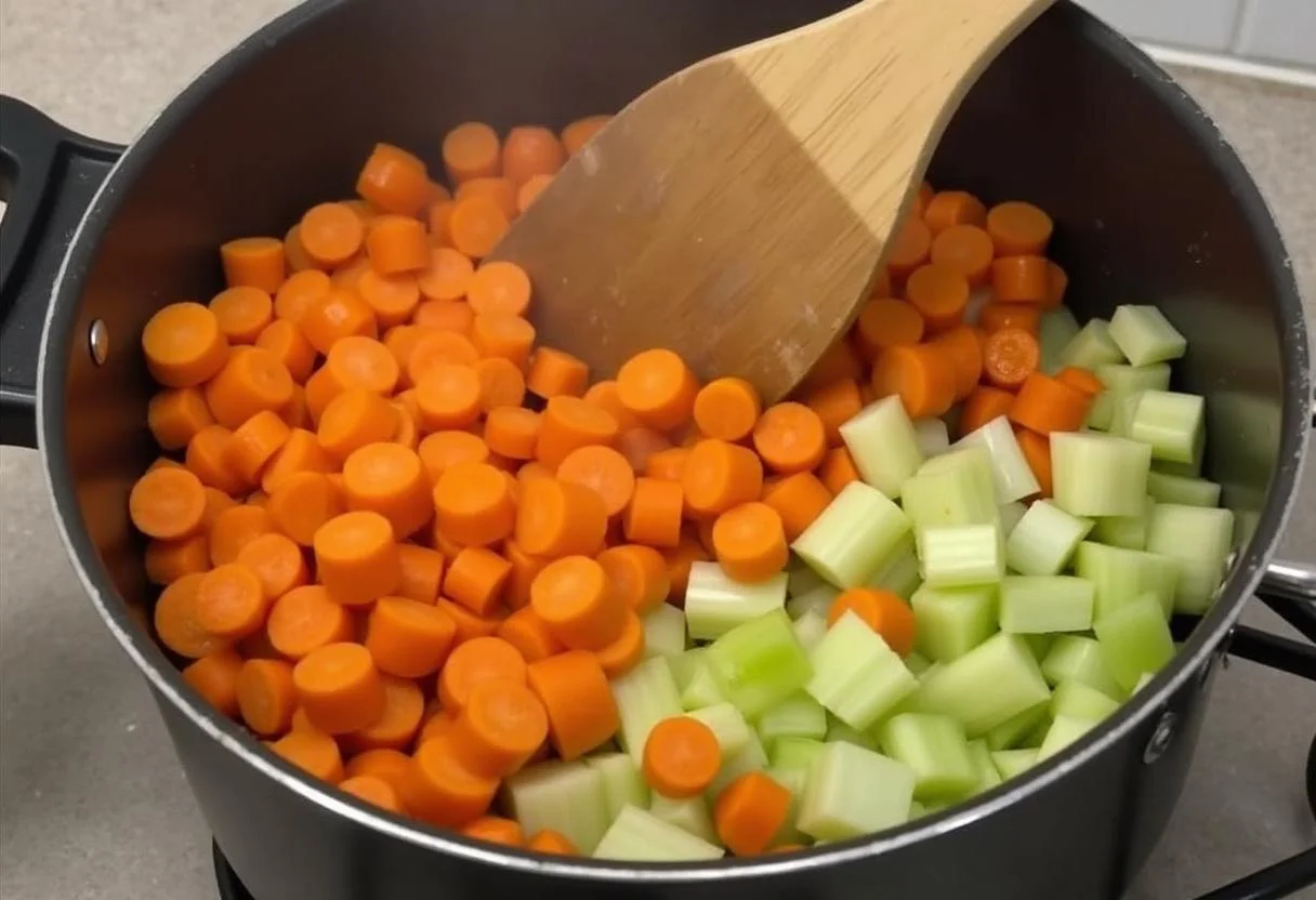 Ajout de carottes et de céleri dans une casserole pour une recette de soupe de pois chiche, donnant de la couleur et de la saveur.