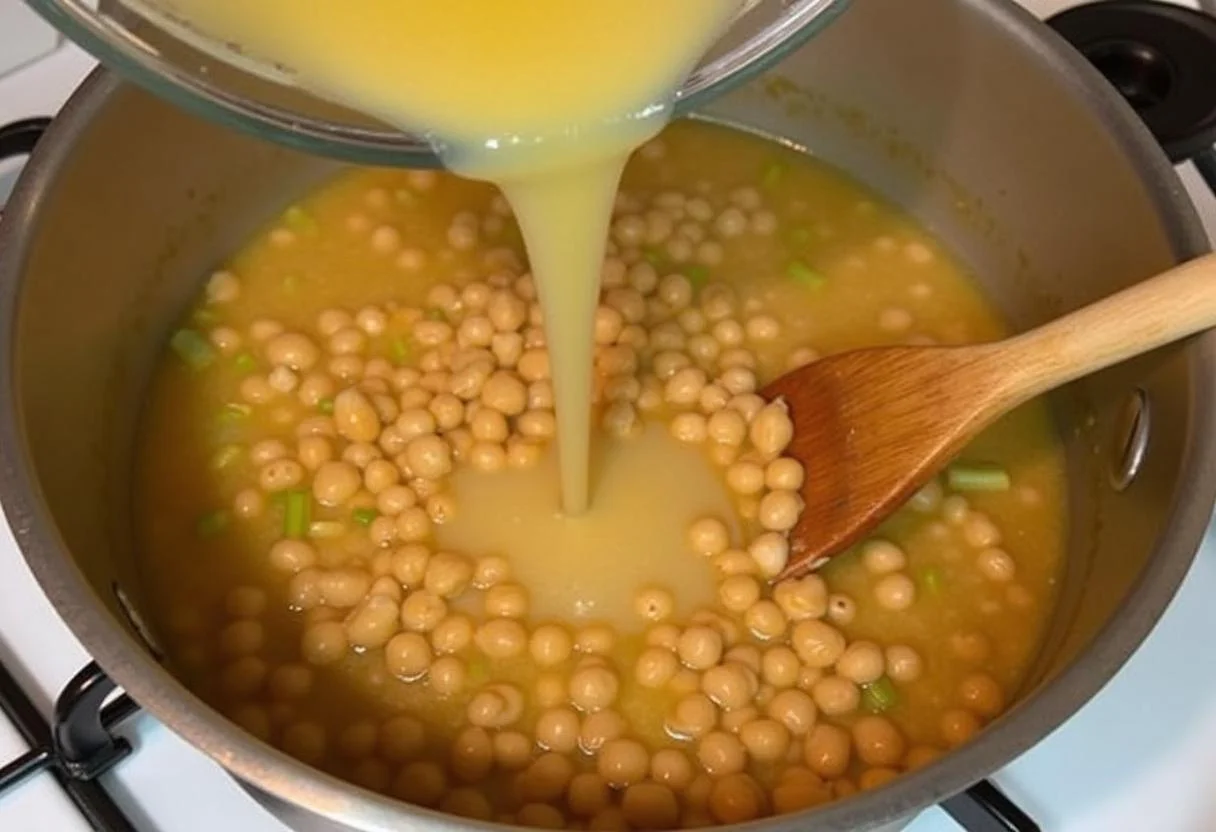 Mélange de bouillon de légumes et pois chiches dans une casserole, pour cuisiner la délicieuse soupe de pois chiche.