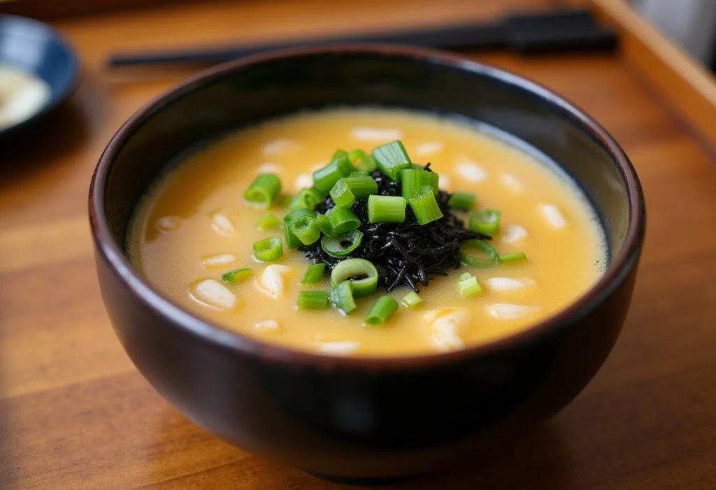 Bols de soupe de miso soigneusement préparé, accompagné d'oignons verts et d'algues, évoquant une recette japonaise authentique.