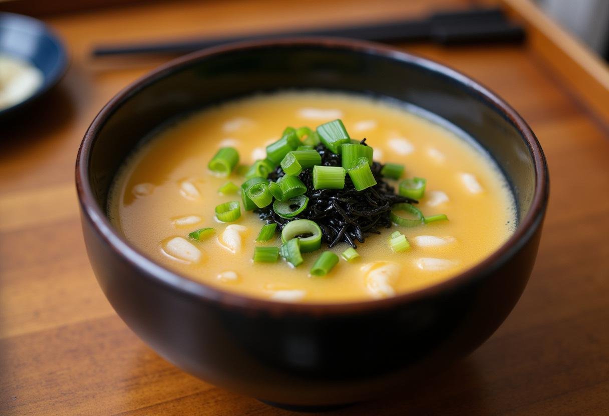 Bols de soupe de miso soigneusement préparé, accompagné d'oignons verts et d'algues, évoquant une recette japonaise authentique.