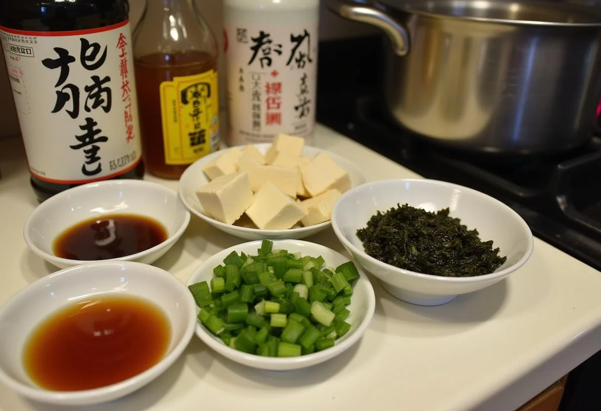 Ingrédients pour la soupe de miso alignés sur le comptoir, incluant du dashi, de la pâte de miso, du tofu et des oignons verts.