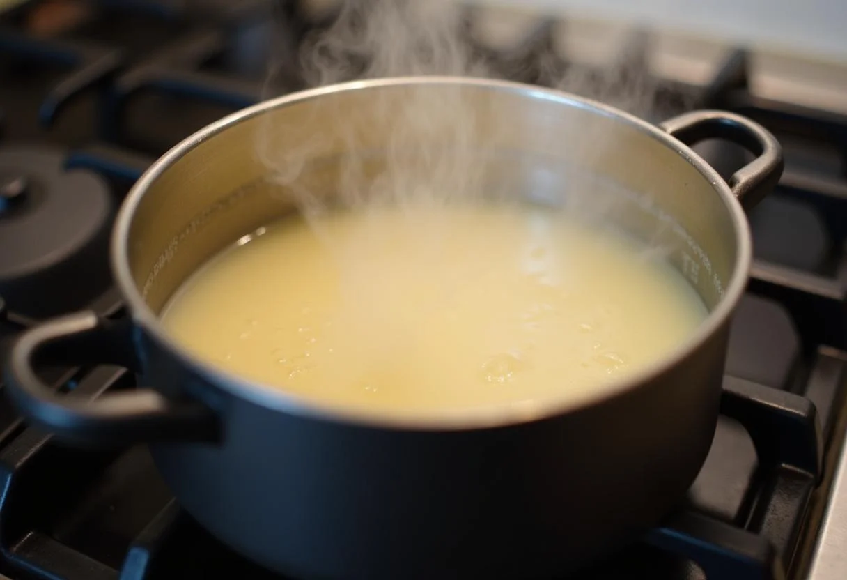 Pot sur la cuisinière avec du dashi chauffé, marquant le début de la préparation de la soupe de miso.