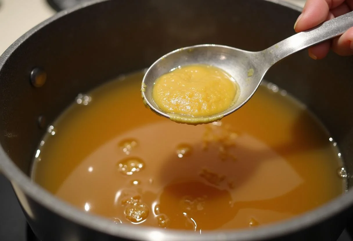 Ajout de la pâte de miso dans le bouillon chaud, illustrant le processus de création de la soupe miso.