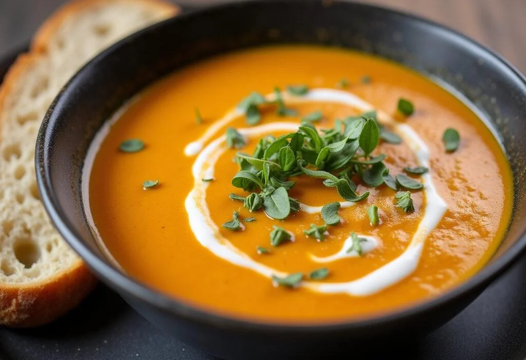 Soupe rapide de potiron au thermomix magnifiquement présentée, prête à être dégustée avec du pain croustillant à côté.