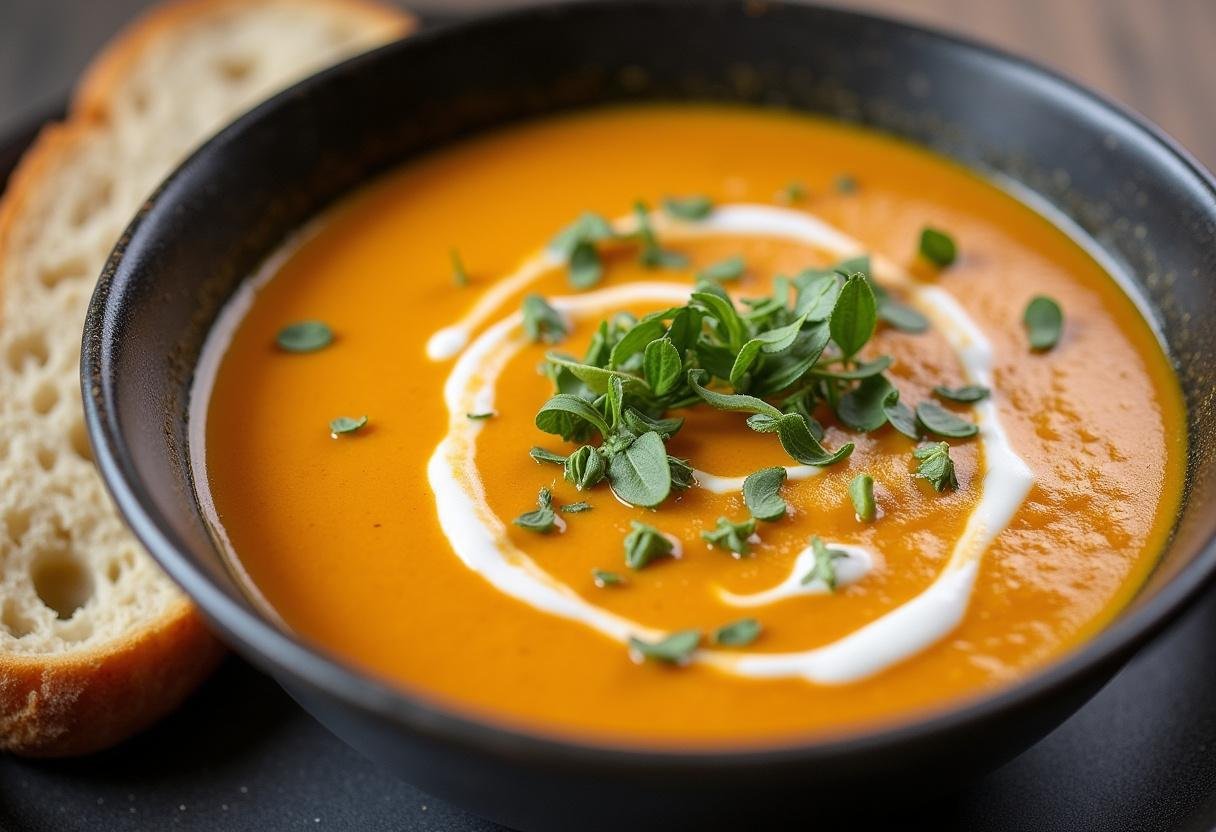 Soupe rapide de potiron au thermomix magnifiquement présentée, prête à être dégustée avec du pain croustillant à côté.