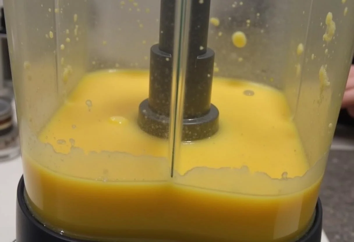 Soupe de potiron au thermomix en cours de mixage, avec de la vapeur s'échappant et une consistance crémeuse.