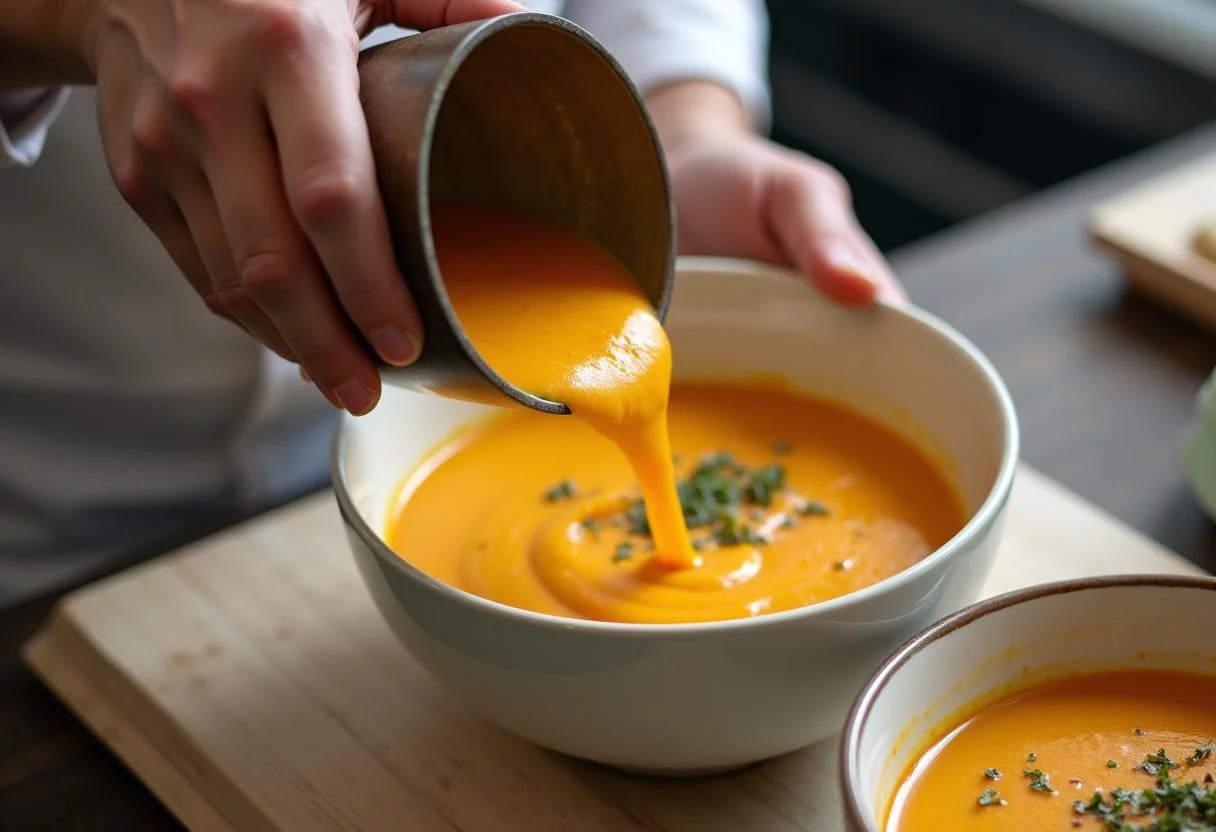 Service de la soupe potiron au thermomix dans un bol élégant, décorée avec des herbes pour une présentation raffinée.