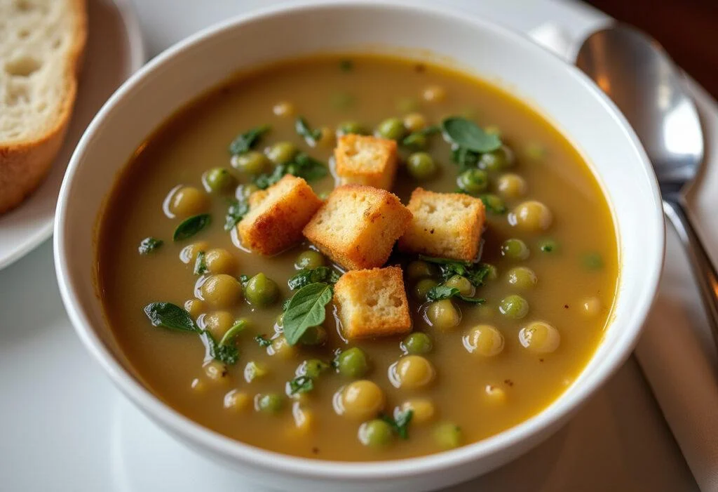 Un bol de soupe réconfortante aux pois cassés joliment présenté, garni de croûtons et d'herbes fraîches, accompagné d'une tranche de pain croustillant.