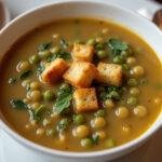 Un bol de soupe réconfortante aux pois cassés joliment présenté, garni de croûtons et d'herbes fraîches, accompagné d'une tranche de pain croustillant.