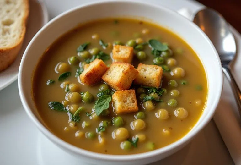 Un bol de soupe réconfortante aux pois cassés joliment présenté, garni de croûtons et d'herbes fraîches, accompagné d'une tranche de pain croustillant.