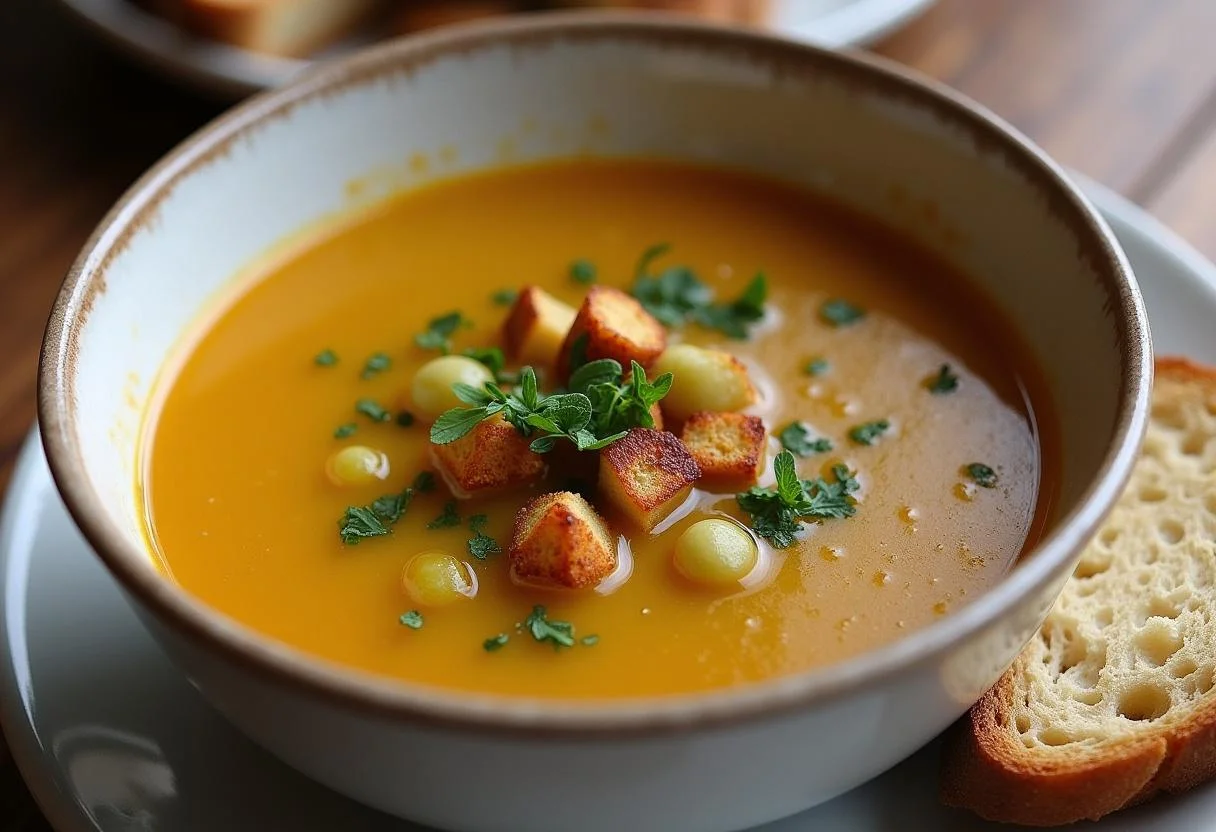 Un bol de soupe réconfortante aux pois cassés joliment présenté, garni de croûtons et d'herbes fraîches, accompagné d'une tranche de pain croustillant.