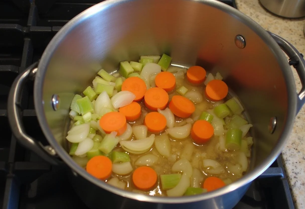 Une casserole sur le feu avec des oignons, des carottes et du céleri faisant revenir dans de l'huile d'olive pour une délicieuse soupe au pois cassé.