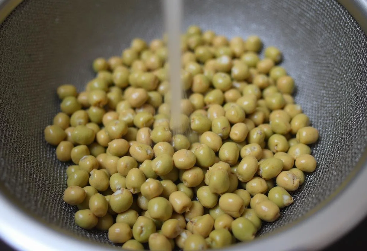Des pois cassés secs rincés dans une passoire fine sous l'eau courante, prêts à être cuisinés pour un velouté de pois cassés.