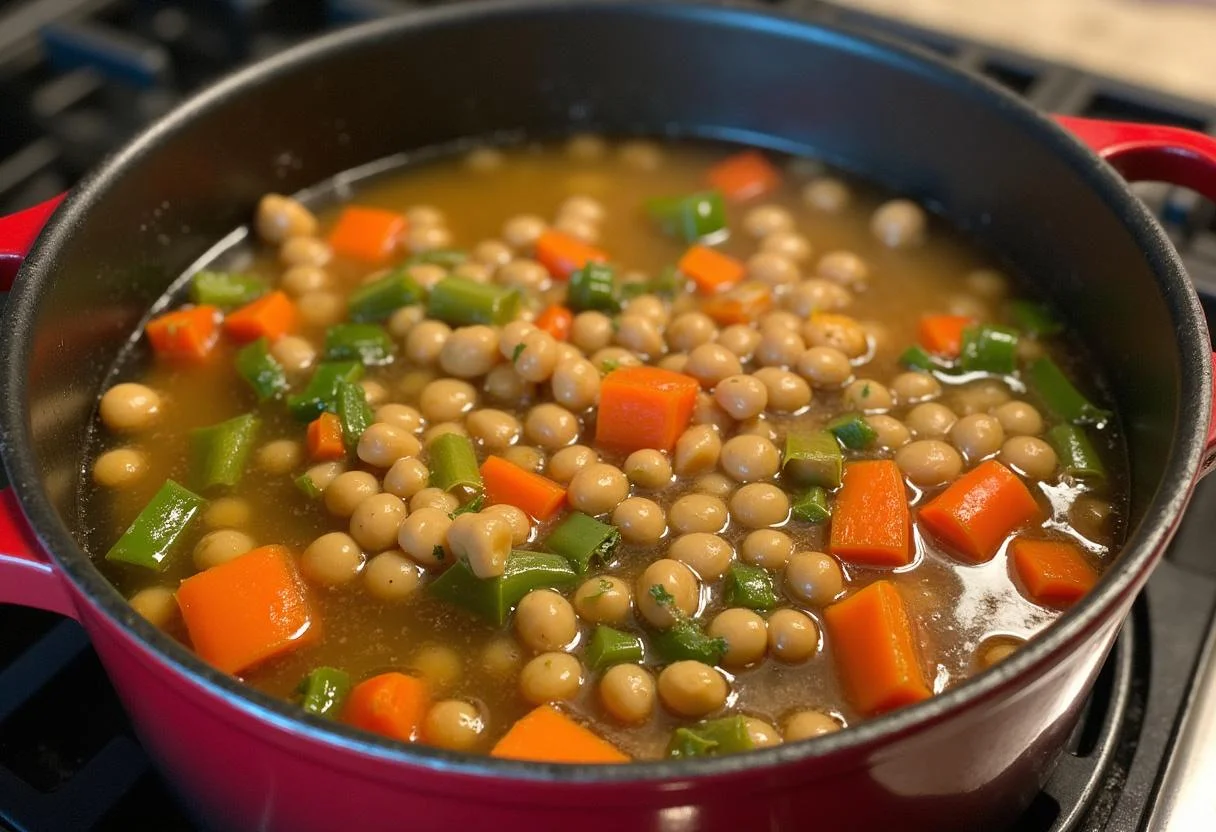 Une casserole avec des légumes sautés, des pois cassés et du bouillon de légumes qui mijotent ensemble pour une soupe réconfortante aux pois cassés.