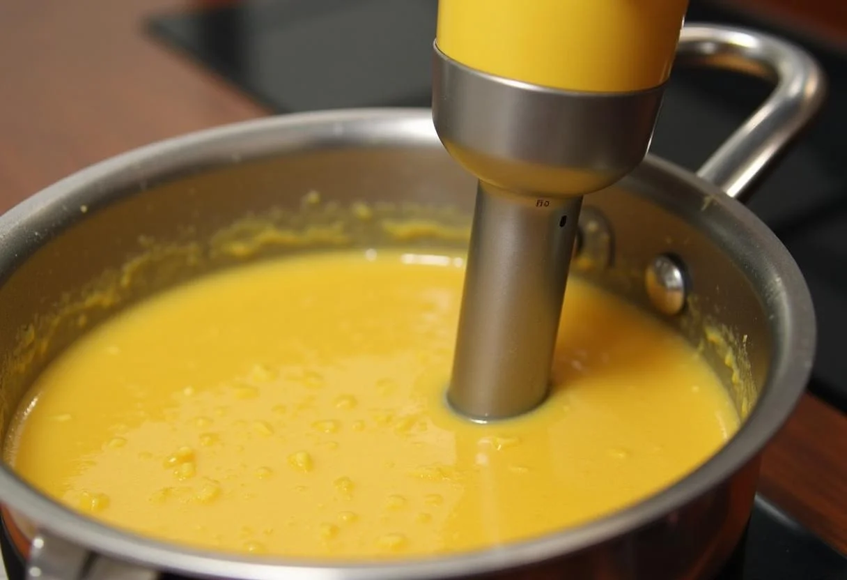 Un mixeur plongeant utilisé pour réduire en purée la soupe dans la casserole, créant une texture lisse et crémeuse pour un velouté de pois cassés.