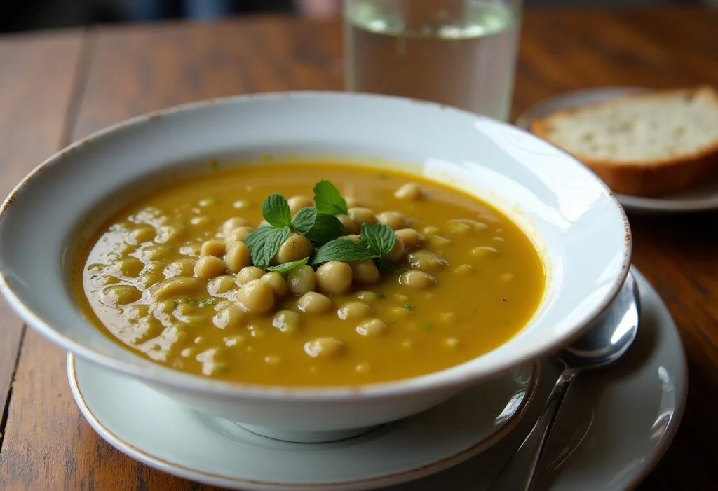 Soupe traditionnelle aux pois cassés servie avec des herbes fraîches et du pain, présentation appétissante.