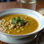 Soupe traditionnelle aux pois cassés servie avec des herbes fraîches et du pain, présentation appétissante.