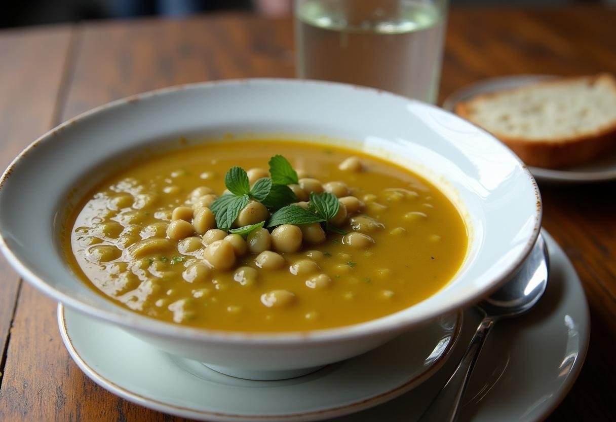 Soupe traditionnelle aux pois cassés servie avec des herbes fraîches et du pain, présentation appétissante.