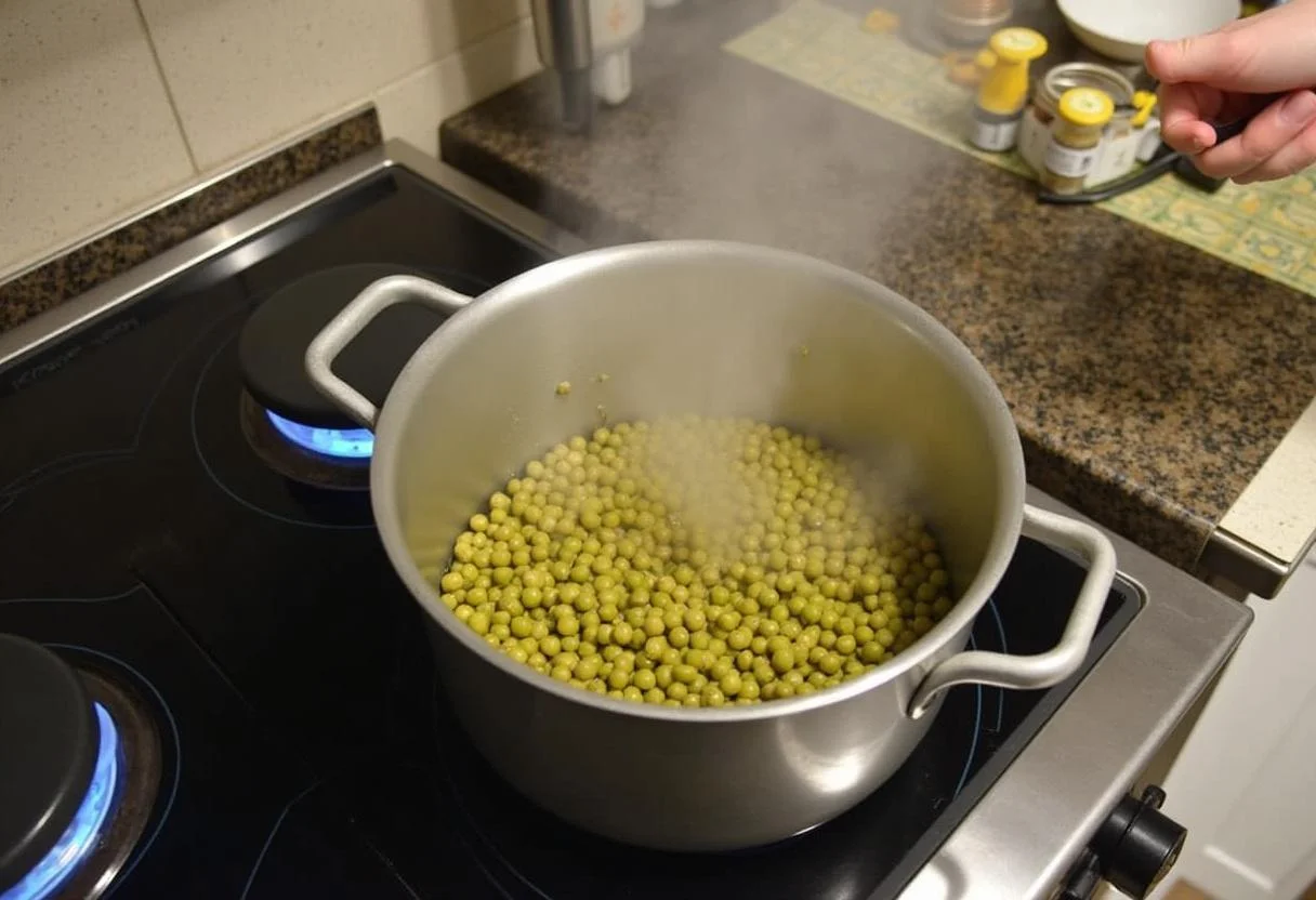 Préparation de la soupe au pois cassé avec des pois cassés et des herbes à côté.