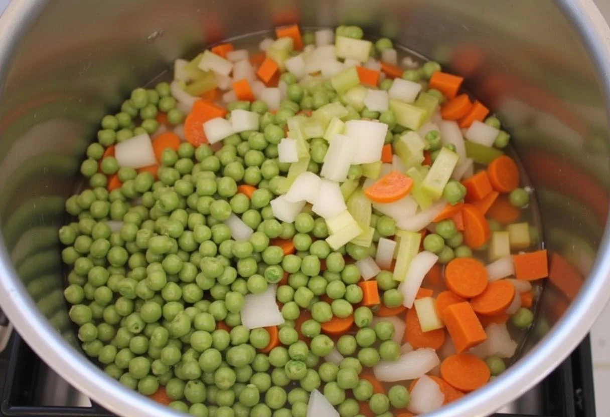 Ajout des ingrédients dans la casserole pour préparer la soupe pois cassés thermomix.
