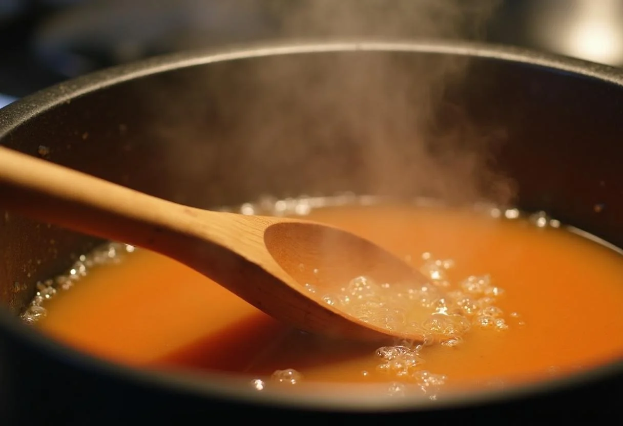 Mélange de la soupe traditionnelle aux pois cassés sur le feu, émanant de la chaleur.