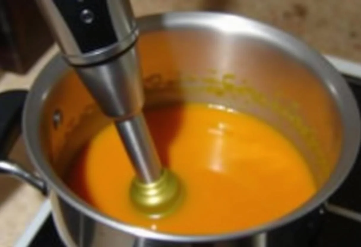 Création d'une texture lisse pour la soupe au pois cassé, en utilisant un mixeur plongeant.