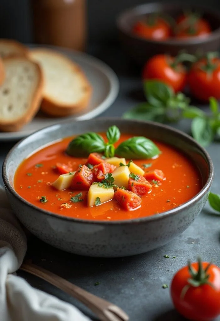 Soupe Veloutée : Tomate et Pomme de Terre présentée avec du basilic frais et du pain croustillant dans une cuisine rustique.