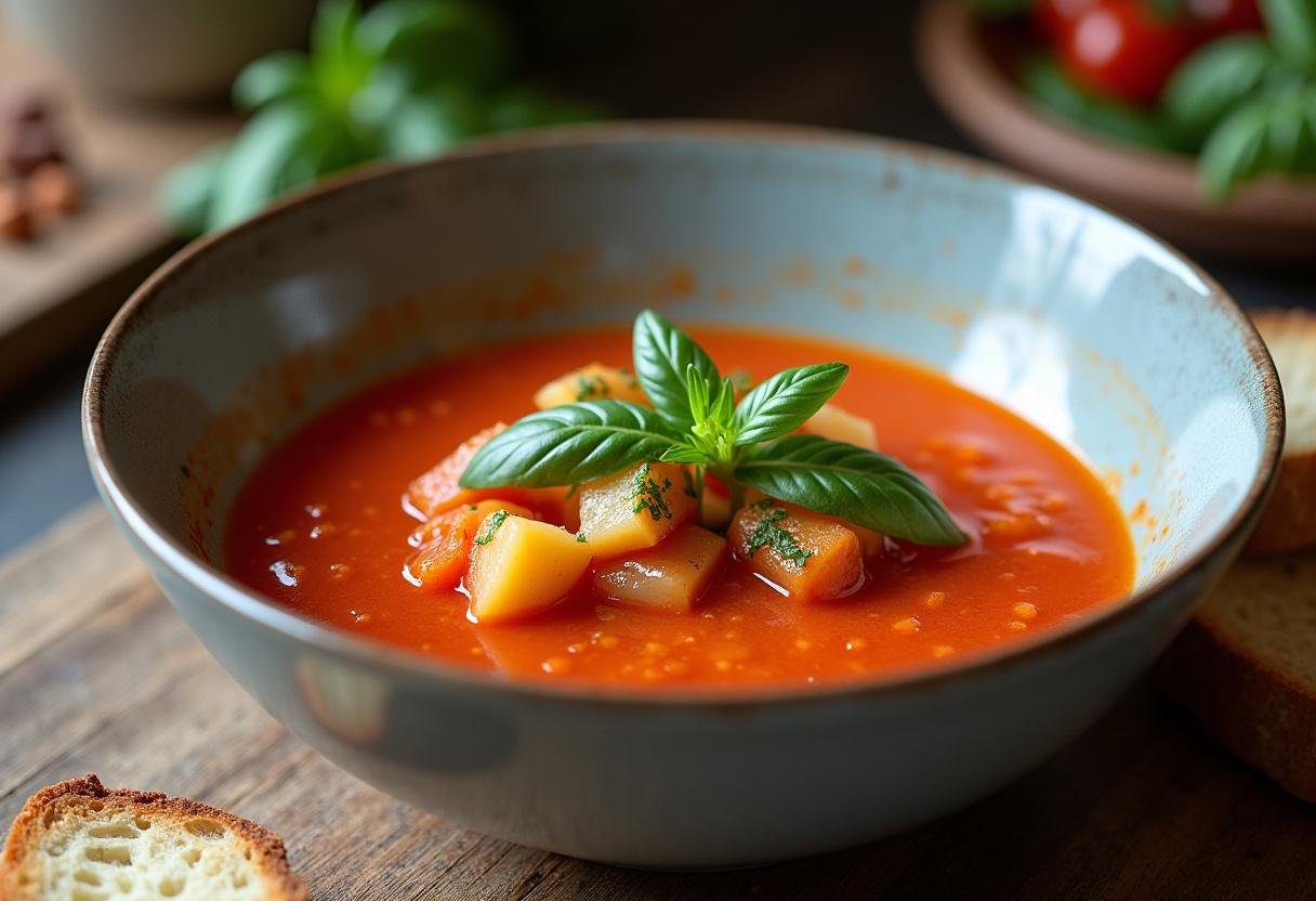 Soupe Veloutée : Tomate et Pomme de Terre présentée avec du basilic frais et du pain croustillant dans une cuisine rustique.