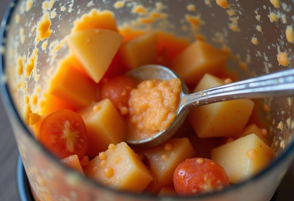 Mélange de tomates et de pommes de terre pour une Soupe Veloutée crémeuse dans un blender.