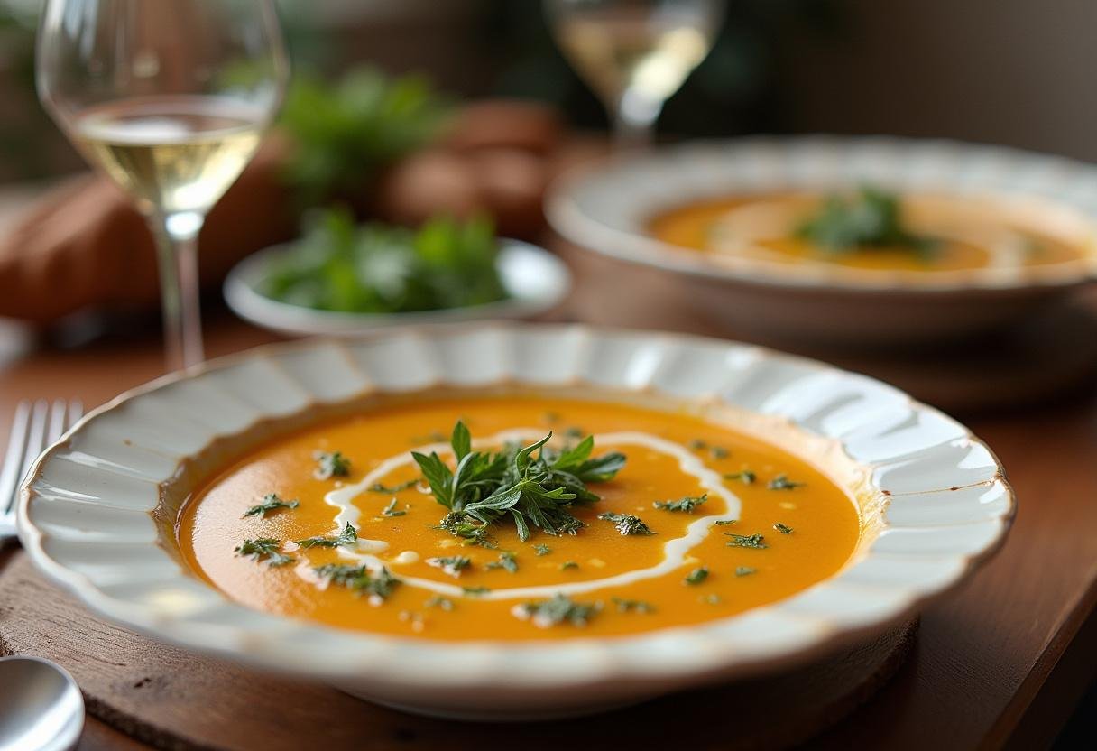 Soupe Veloutée : Tomate et Pomme de Terre servie dans des bols élégants avec une touche d'huile d'olive.