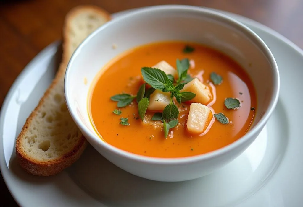 Bol de soupe de poisson traditionnel avec des herbes fraîches, accompagné d'une tranche de pain croustillant, illustrant la recette de la soupe de poisson.
