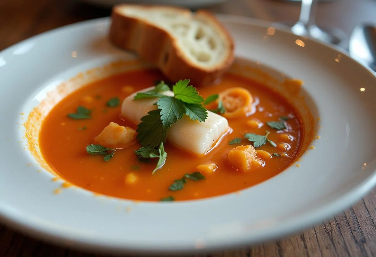 Bol de soupe de poisson traditionnel avec des herbes fraßches, accompagné d'une tranche de pain croustillant, illustrant la recette de la soupe de poisson.