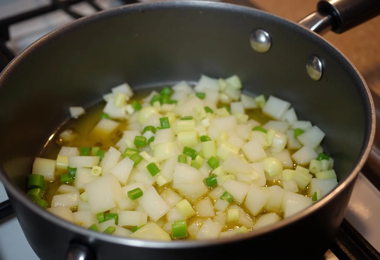 Ingrédients de la recette de soupe de poisson, oignons, poireaux et ail dans une grande casserole déjà en train de faire revenir sur le feu.