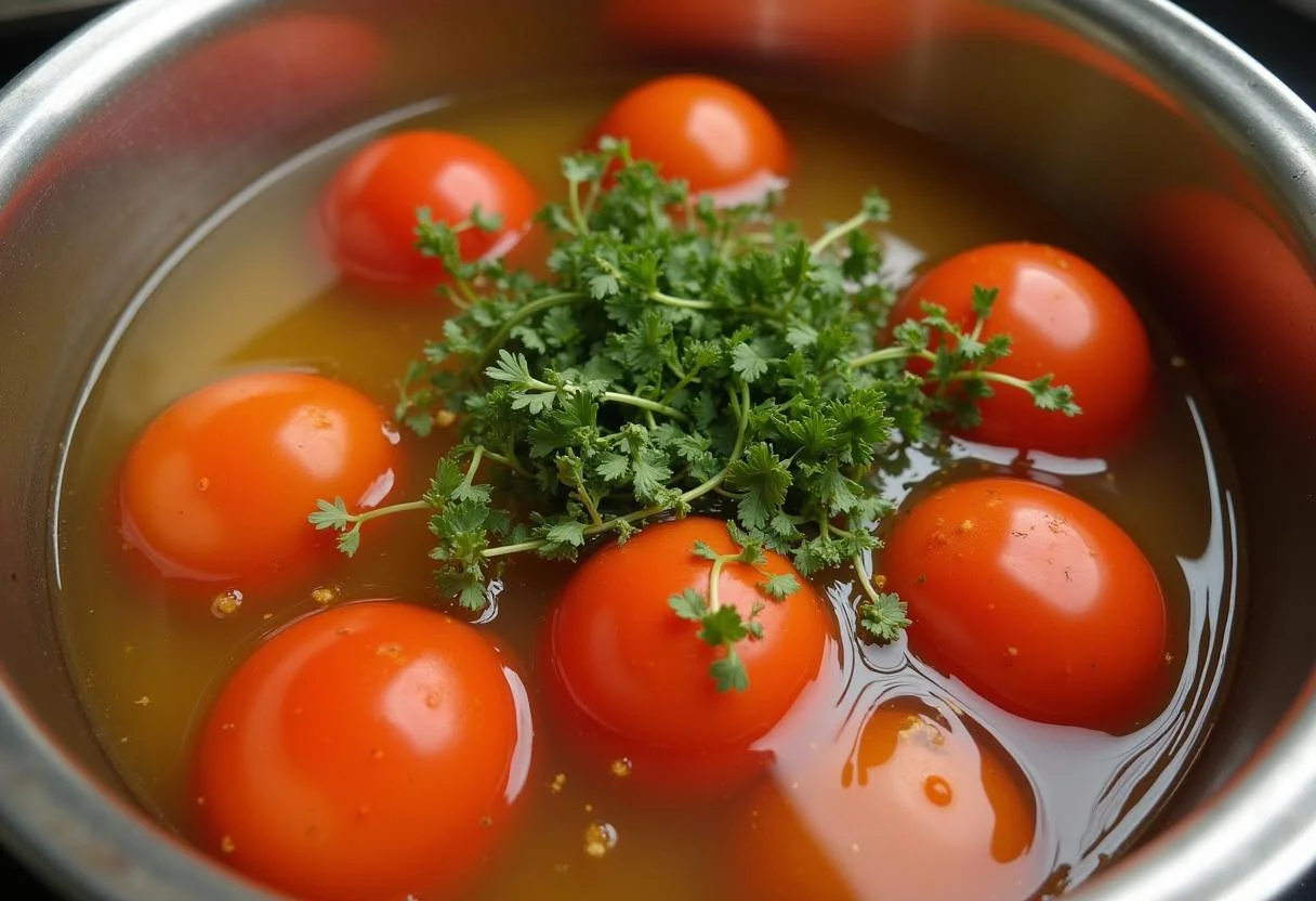 Préparation de la recette de soupe poisson, ajout de tomates, bouillon de poisson et herbes fraßches dans la casserole pour préparer un délicieux bouillon.