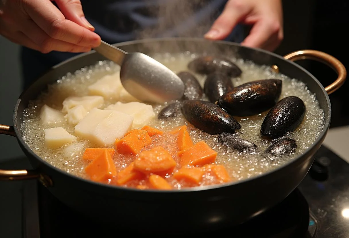 Ajout de différents types de poissons et de moules à la casserole pour la recette de la soupe de poissons, rendant le mélange attrayant.