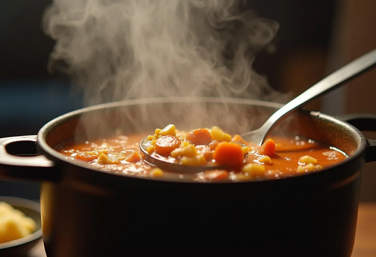 Soupe de poisson mijotant dans une casserole, avec de la vapeur s'élevant, en préparation pour servir la recette traditionnelle de soupe de poisson.