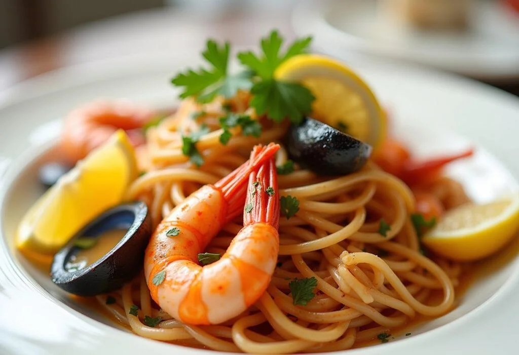 Un plat de spaghettis aux fruits de mer surgelés joliment présenté, mettant en valeur la fraîcheur des ingrédients.