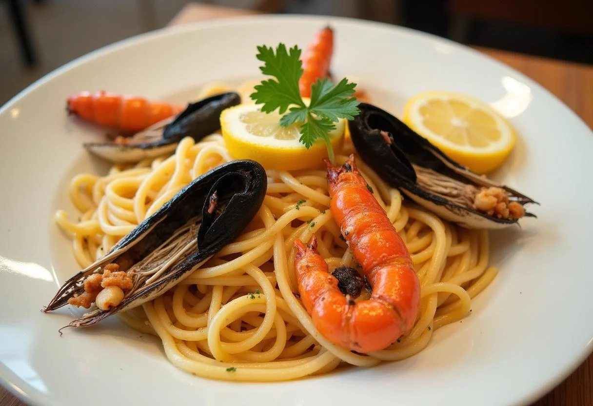 Un plat de spaghettis aux fruits de mer surgelés joliment présenté, mettant en valeur la fraîcheur des ingrédients.