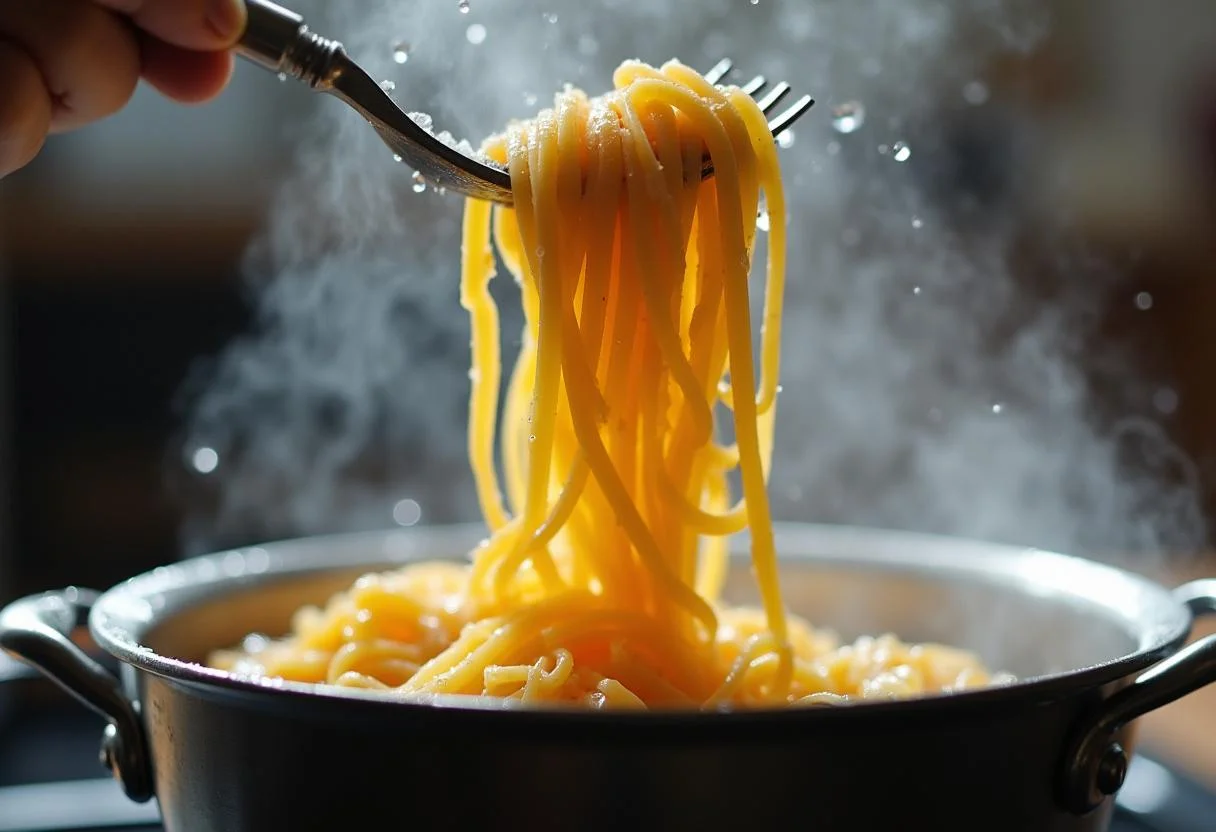 Des spaghettis ajoutés à l'eau bouillante, prêts pour la préparation des spaghettis aux fruits de mer surgelés.