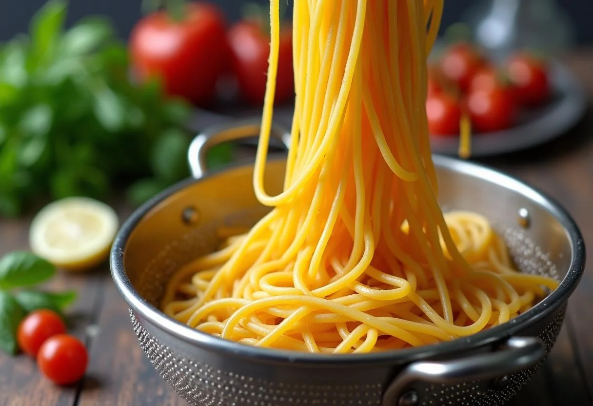 Des spaghettis cuits égouttés dans une passoire, prêts pour être mélangés avec des fruits de mer surgelés.