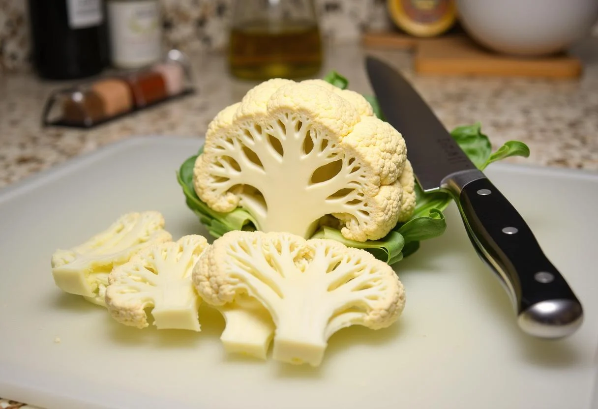 La meilleure recette de steaks de chou-fleur, préparation de chou-fleur frais sur un plan de travail de cuisine.
