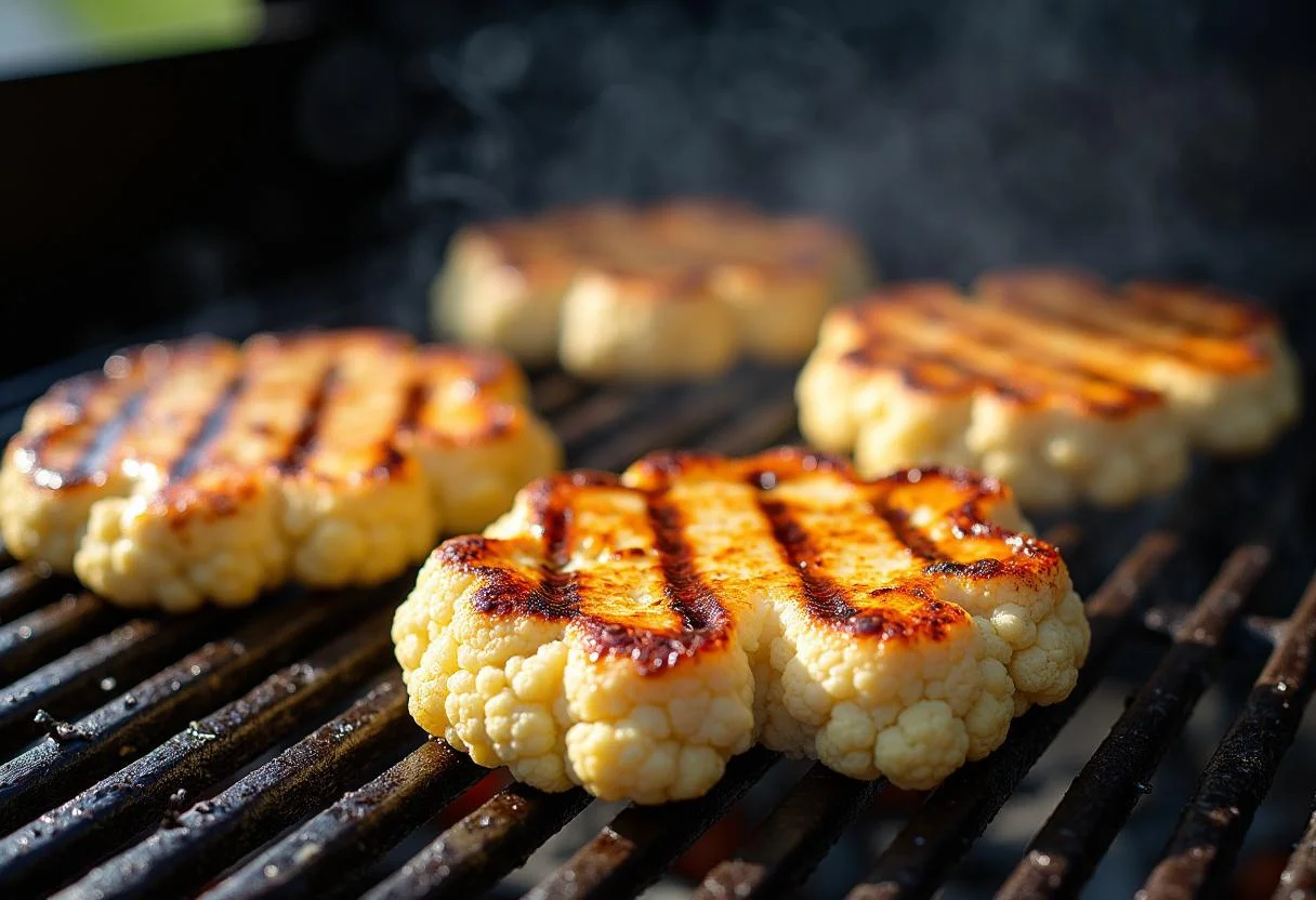 Steaks de chou-fleur grillés, une délicieuse étape de préparation de la meilleure recette végétarienne.