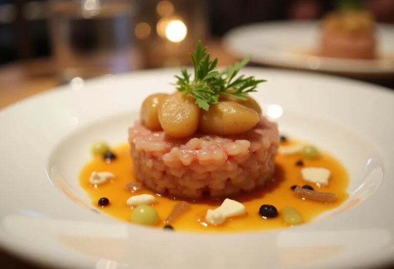 Tartare de saint-jacques mariné prêt à être servi dans un restaurant gastronomique.