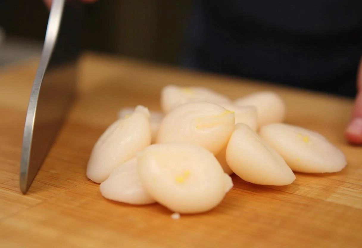Préparation de tartare de saint-jacques, coupe de coquilles saint-jacques fraîches sur une planche à découper en bois.