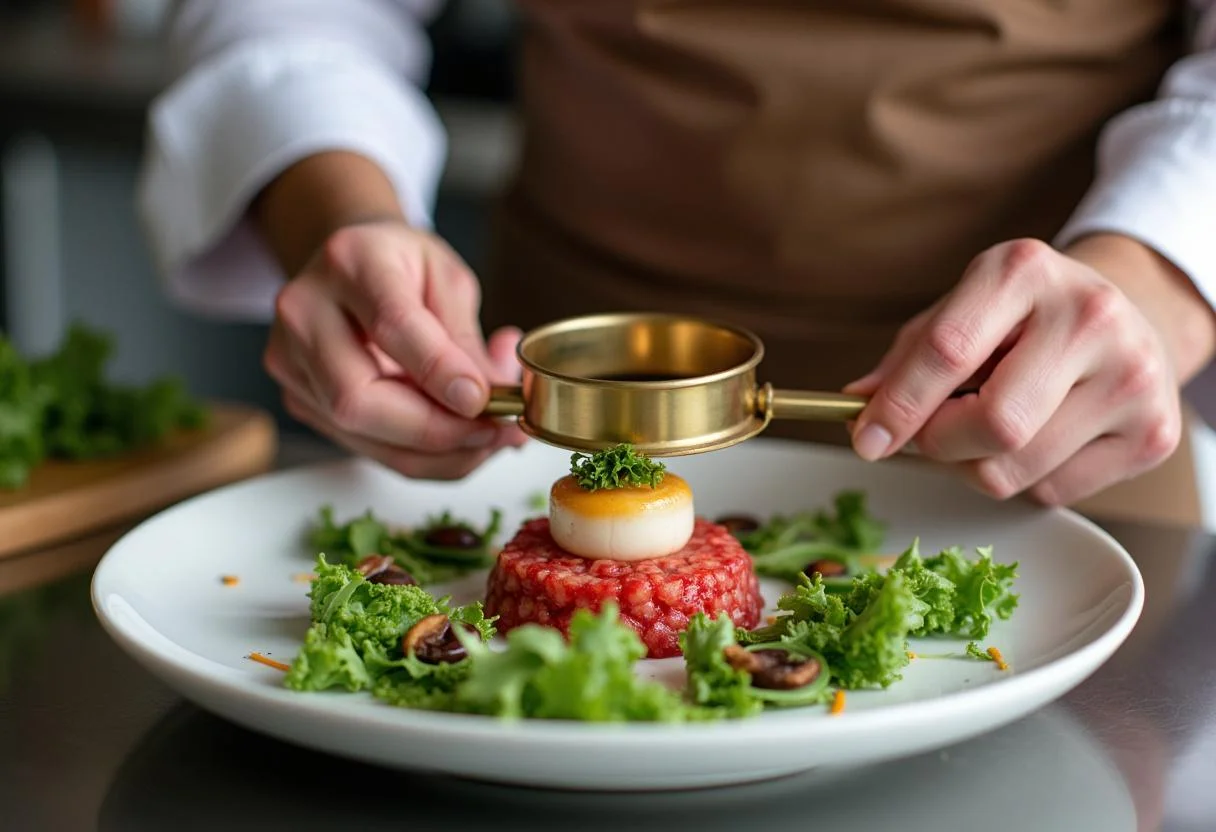 Dressage du tartare de saint-jacques mariné dans un emporte-pièce, entouré de légumes frais.